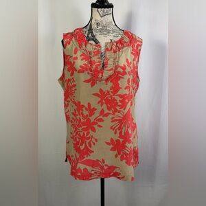 Eddie Bauer Coral & Tan Cotton/Silk Floral Blouse Size L Casual Chic